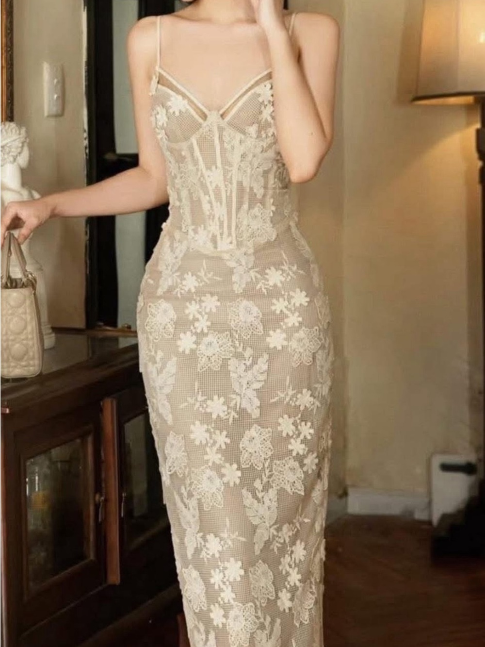 Sheer Lace Floral Bodycon Slip Dress in Cream
